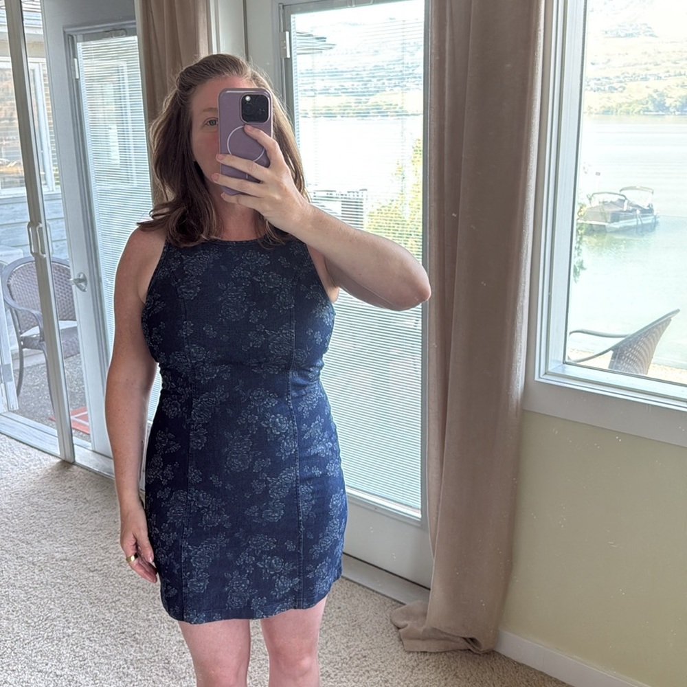 Blue Stretch Denim Dress with Lace Back Detail